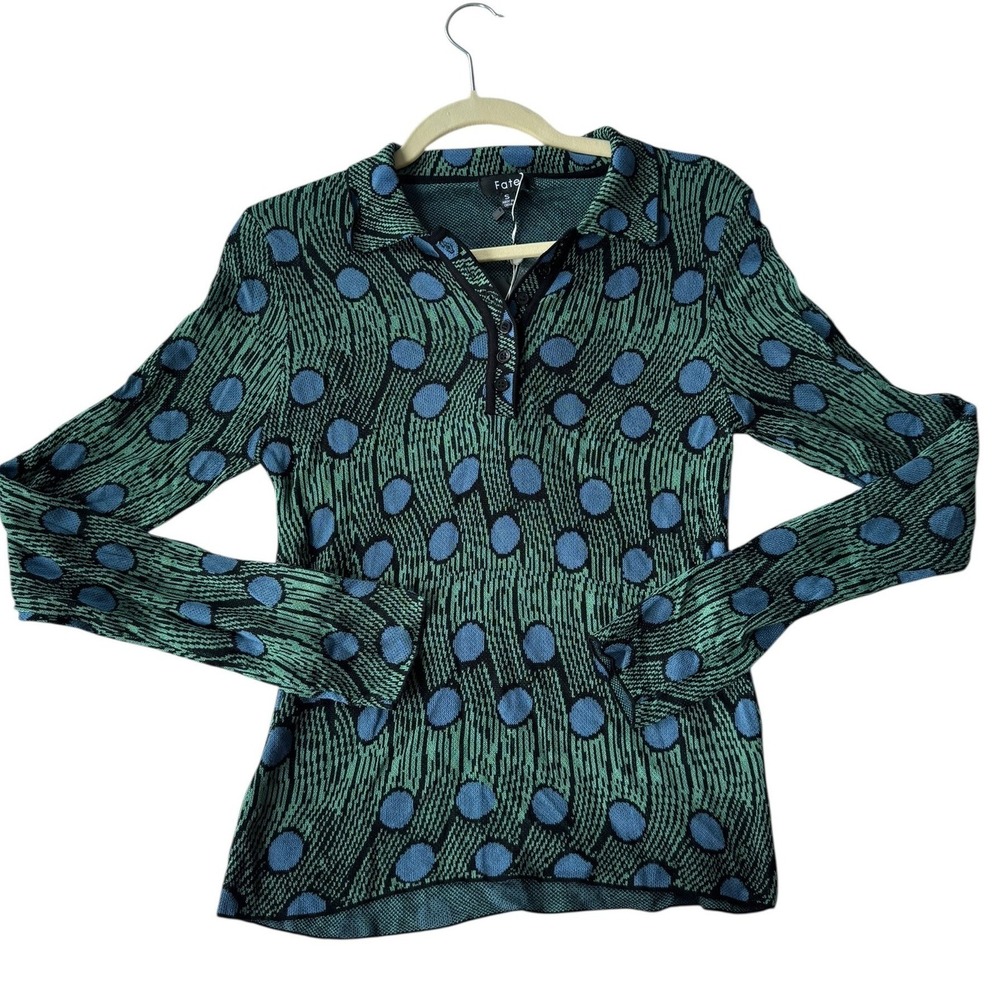 Fate Women's Green Blue Polka Dot Print‎ Long Sleeve Collared Knit Top Size S